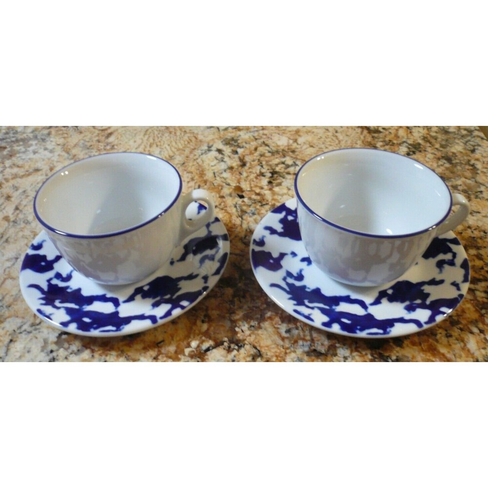 Richard Ginori Laveno Paola Navone Set of 2 Cups & Saucers Blue Sponge Italy